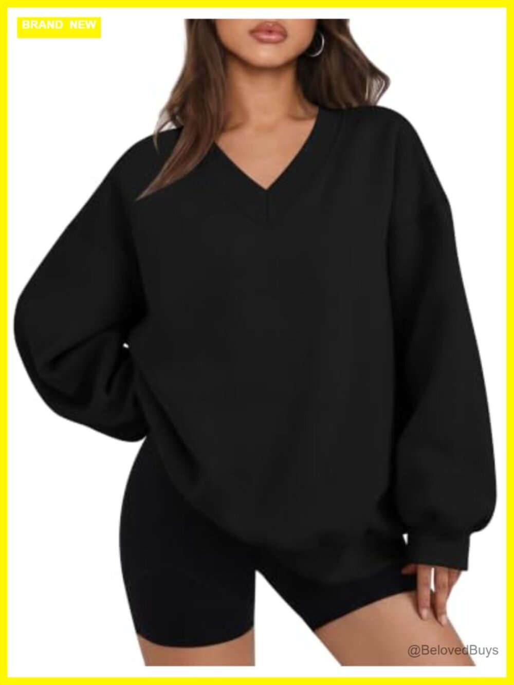 Oversized V Neck Pullover Sweatshirt Long Sleeve Fleece Lined Fall
